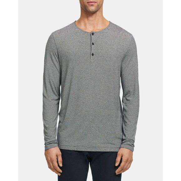 Theory Striped Henley Shirt in Viscose-Silk - Black/Natural M - Picture 1 of 7